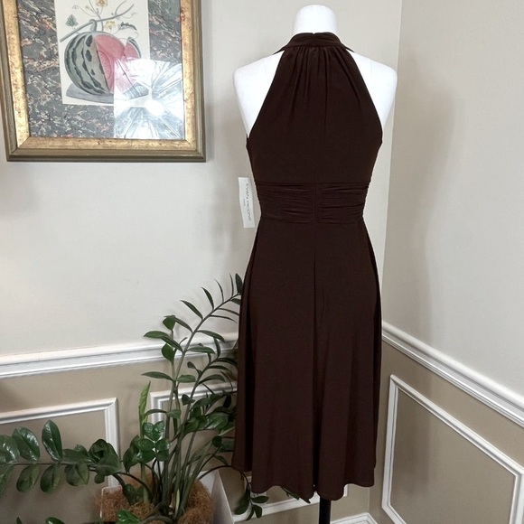 🏷️ Evan Picone Dream Girls Cocao Colored Halter Empire Midi Dress Ruched Waist - Picture 4 of 7